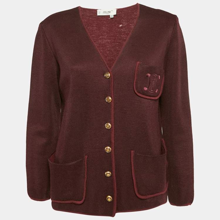 Pre Owned Celine Burgundy Wool Button Front Cardigan M