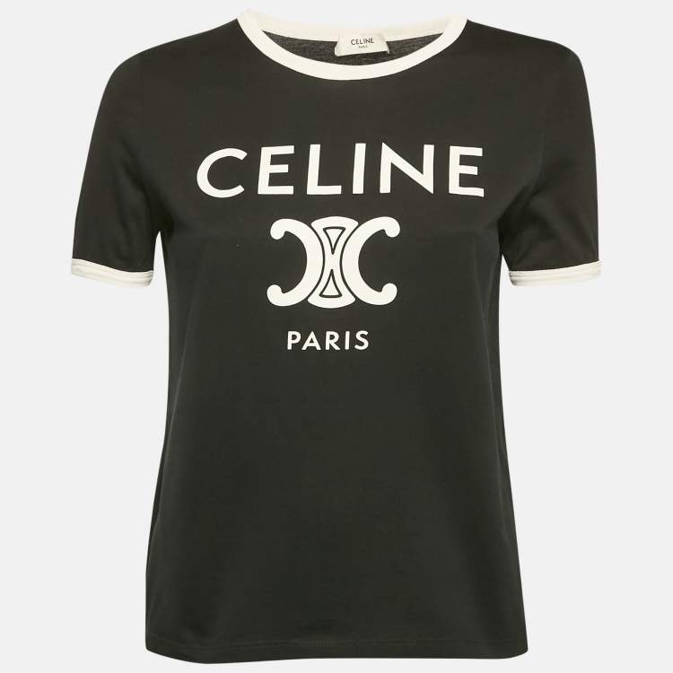 Pre Owned Celine Black Logo Print Cotton Crew Neck T-Shirt L