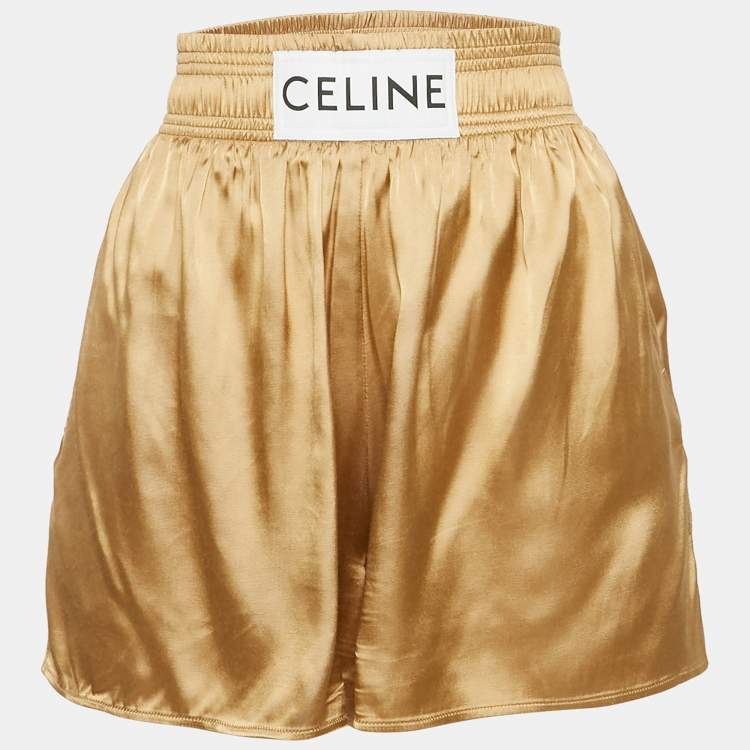 Pre Owned Celine Gold Crepe Logo Patch Shorts S