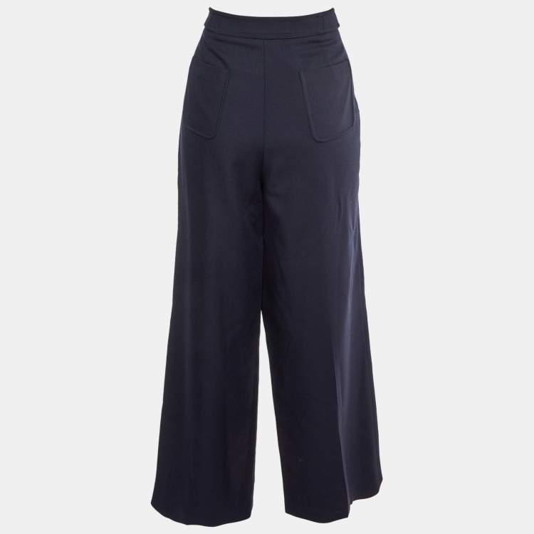Pre Owned Celine Navy Blue Wool Gabardine Pleated Wide Leg Pants L