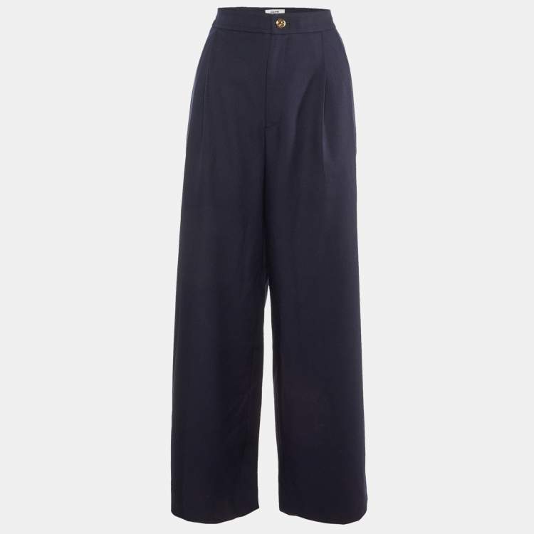 Pre Owned Celine Navy Blue Wool Gabardine Pleated Wide Leg Pants L