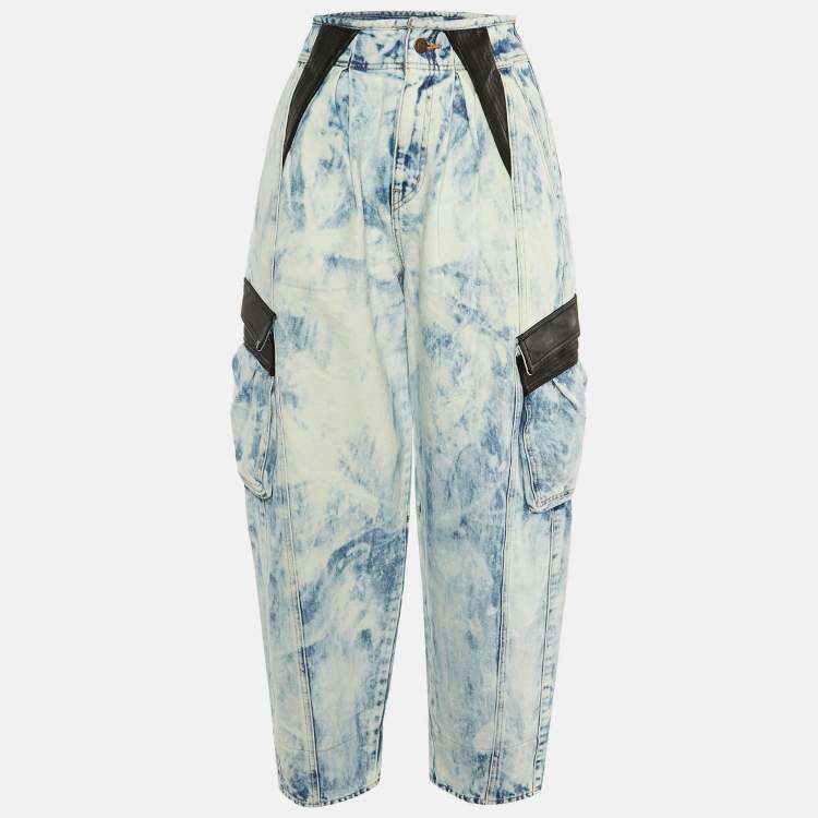 Pre Owned Celine Blue Denim Leather Trim High Waist Tapered Jeans M/Waist 28"