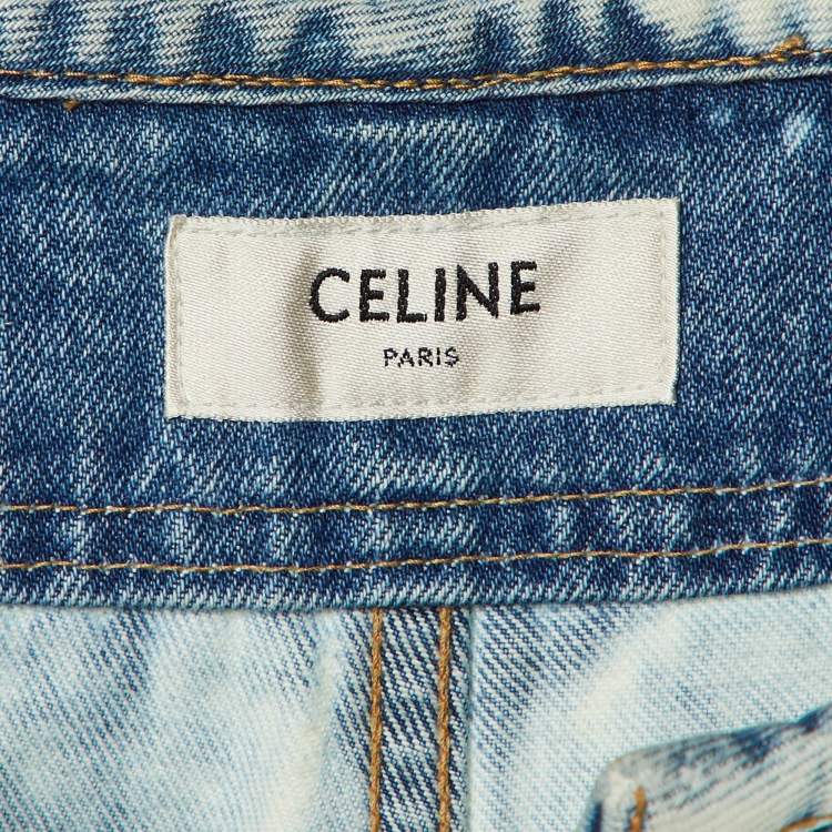 Pre Owned Celine Blue Denim Leather Trim High Waist Tapered Jeans M/Waist 28"