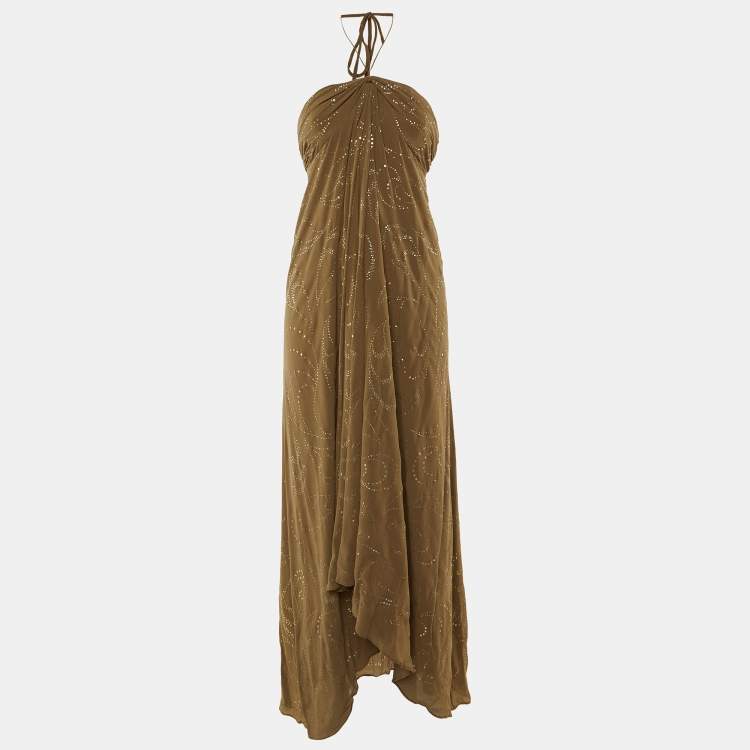 مملوكة مسبقًا Celine Olive Green Embellished Silk Chiffon Strapless Maxi Dress S