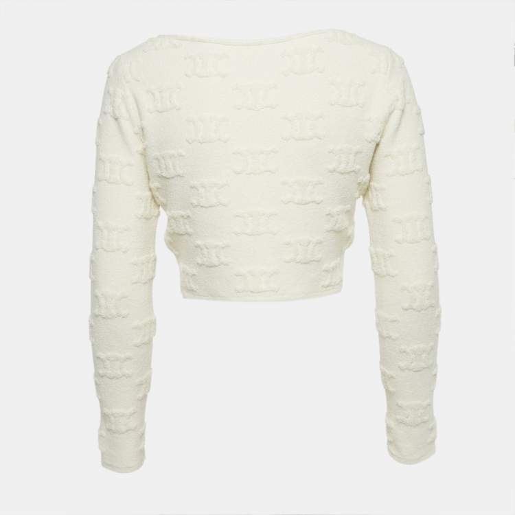 Pre Owned Celine Cream Triomphe Terry Cotton Cropped Jumper M