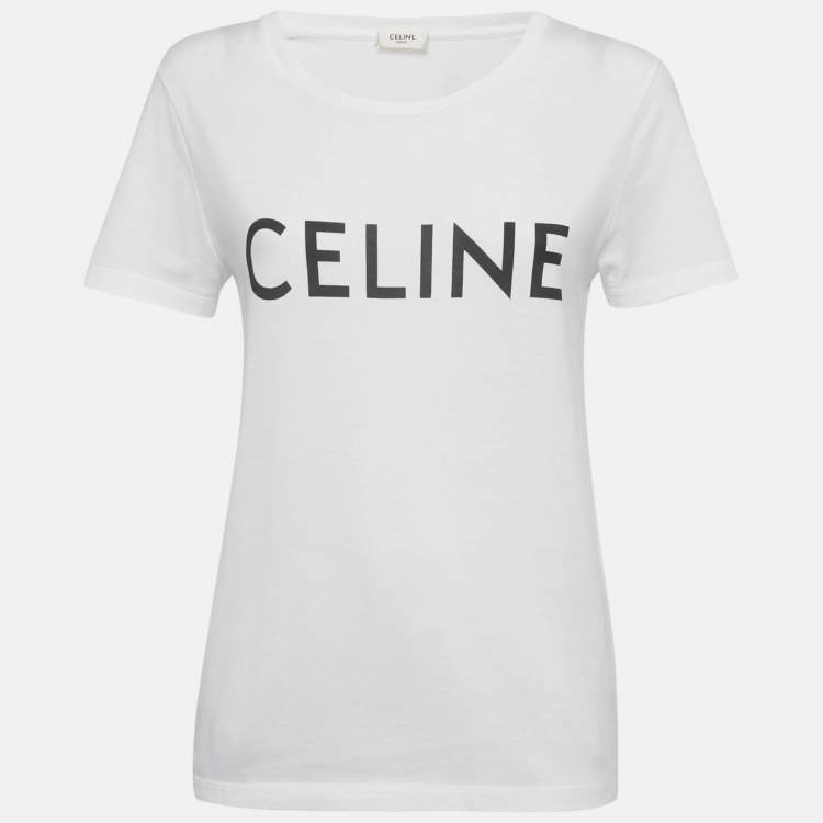 Pre Owned Celine White Logo Print Cotton T-Shirt M