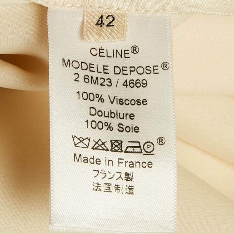 Pre Owned Celine Cream Satin V-Neck Raw-Edge Detail Knee-Length Dress L