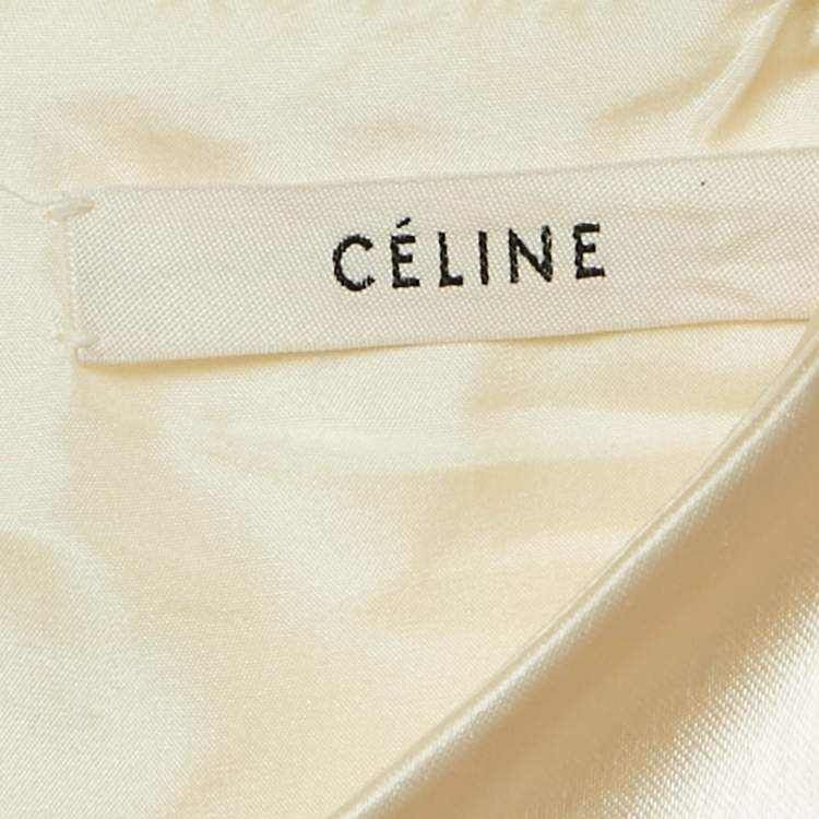 Pre Owned Celine Cream Satin V-Neck Raw-Edge Detail Knee-Length Dress L