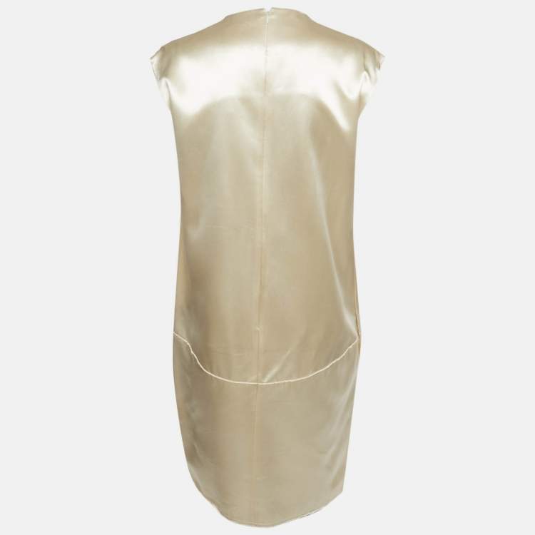 Pre Owned Celine Cream Satin V-Neck Raw-Edge Detail Knee-Length Dress L