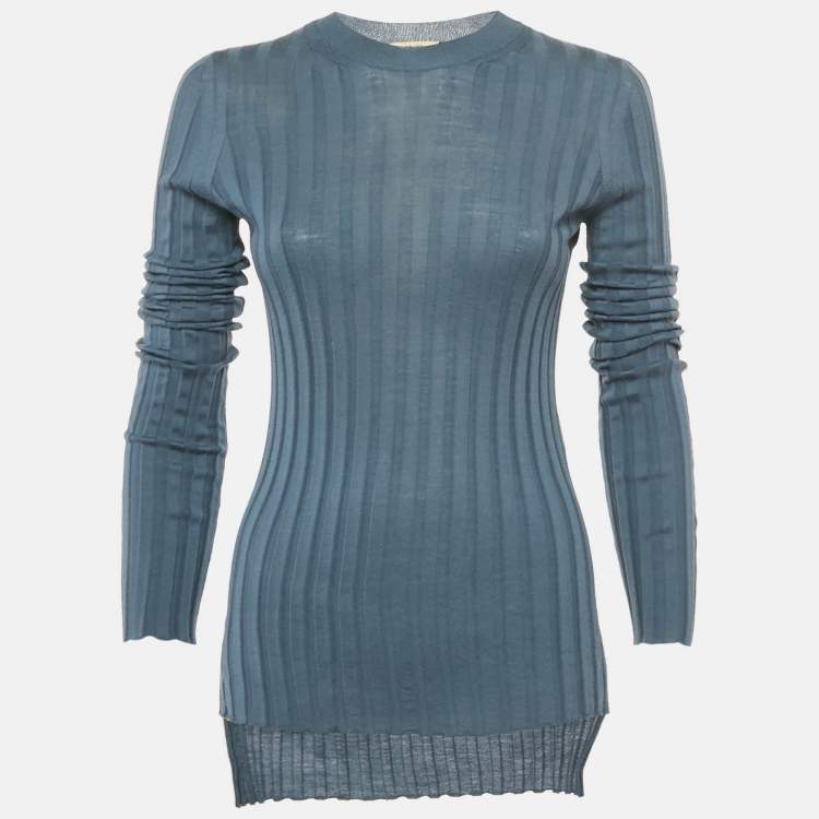 Pre Owned Celine Blue Wool Rib Knit Full Sleeve Top S