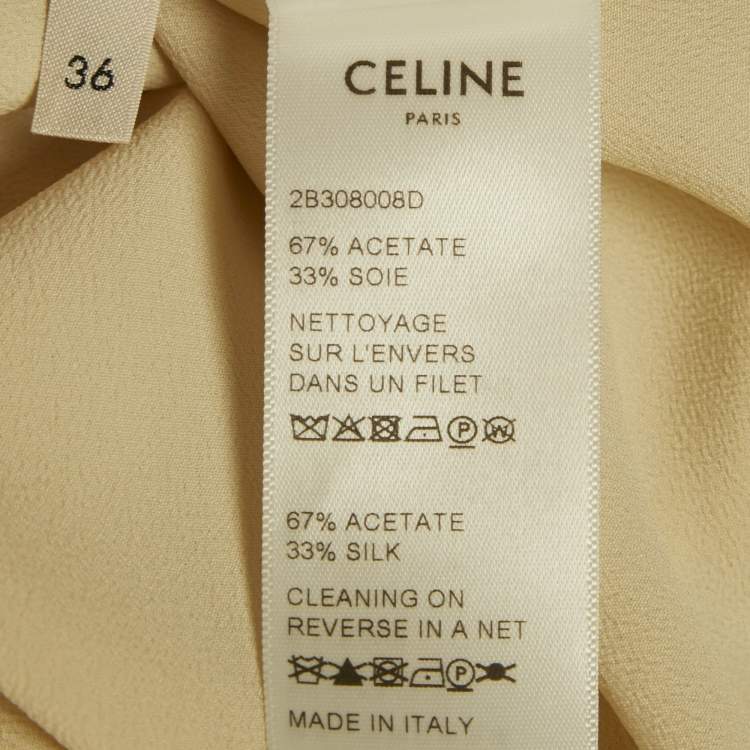 Pre Owned Celine Cream Crepe Silk Blend Lace & Neck Tie Detail Blouse S 