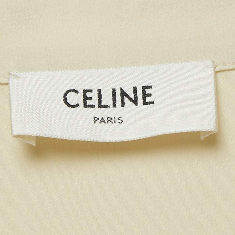 Pre Owned Celine Cream Crepe Silk Blend Lace & Neck Tie Detail Blouse S 