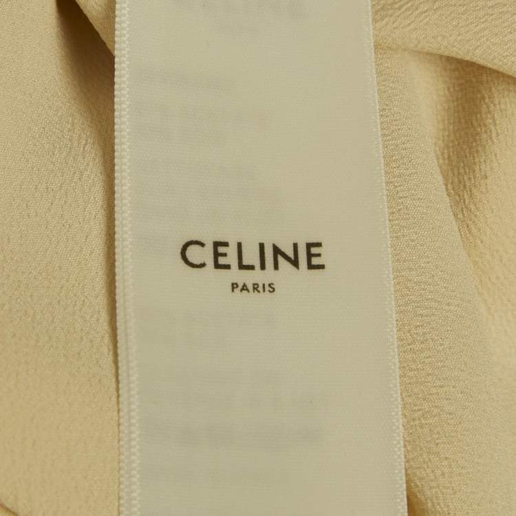 Pre Owned Celine Cream Crepe Silk Blend Lace & Neck Tie Detail Blouse S 