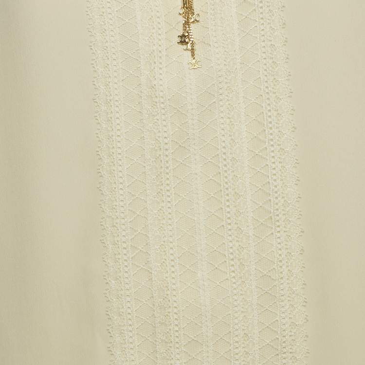 Pre Owned Celine Cream Crepe Silk Blend Lace & Neck Tie Detail Blouse S 