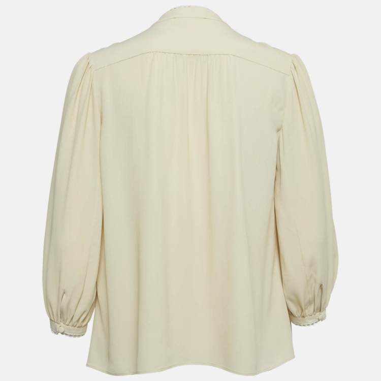 Pre Owned Celine Cream Crepe Silk Blend Lace & Neck Tie Detail Blouse S 