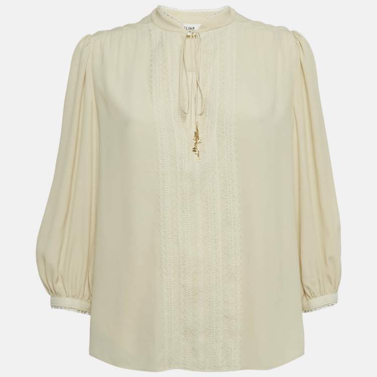 Pre Owned Celine Cream Crepe Silk Blend Lace & Neck Tie Detail Blouse S 