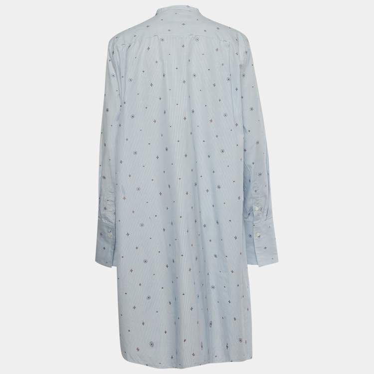 Pre Owned Celine Blue Striped Cotton Embroidered Asymmetric Hem Shirt L