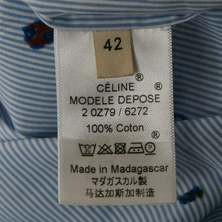 Pre Owned Celine Blue Striped Cotton Embroidered Asymmetric Hem Shirt L