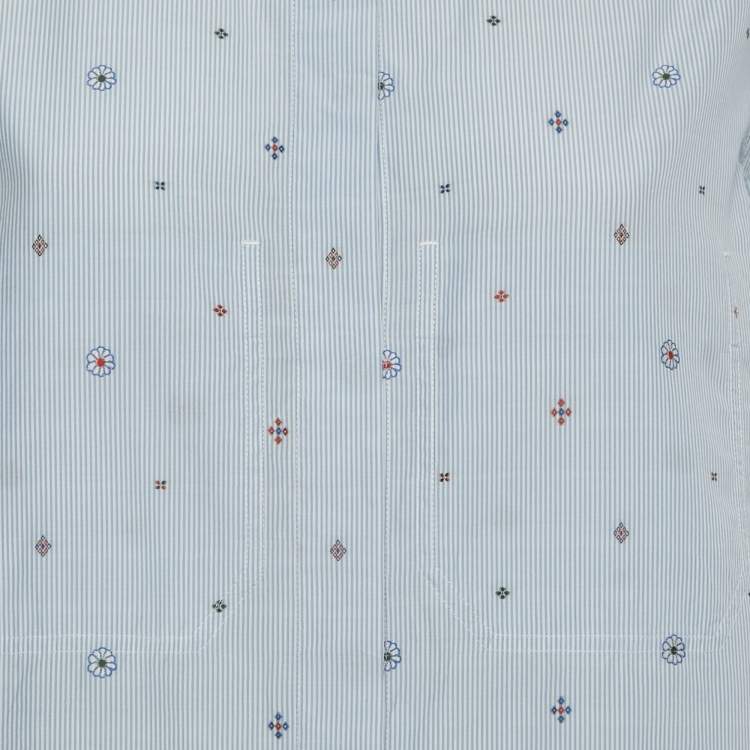 Pre Owned Celine Blue Striped Cotton Embroidered Asymmetric Hem Shirt L