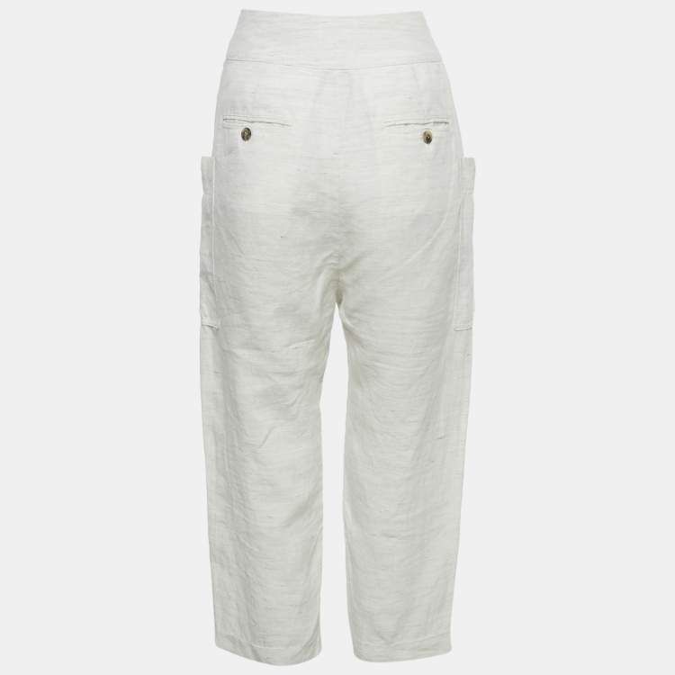 Pre Owned بنطلون سيلين كتان منقوش أبيض مقاس صغير (سمول)