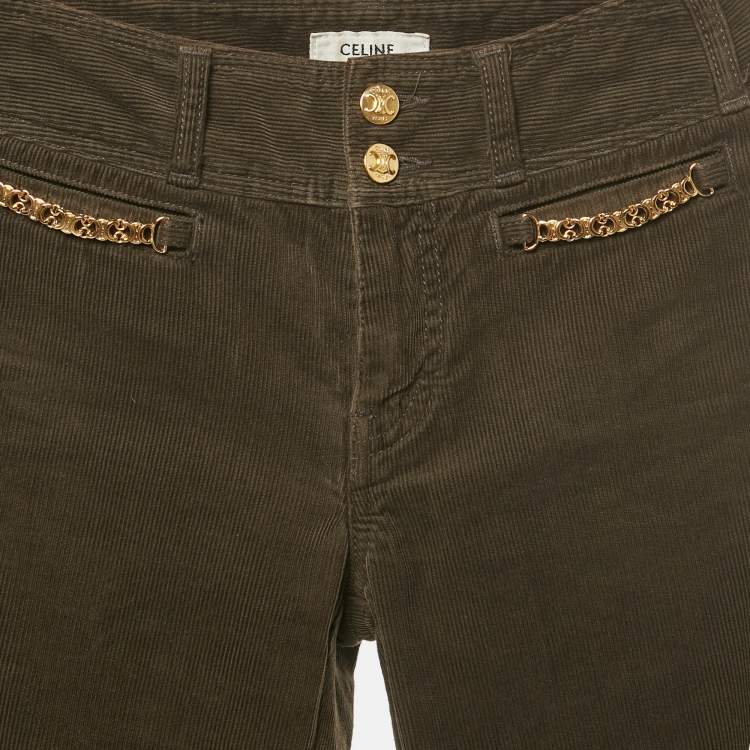 Pre Owned Celine Green Triomphe Detail Corduroy Jeans S/Waist 25"