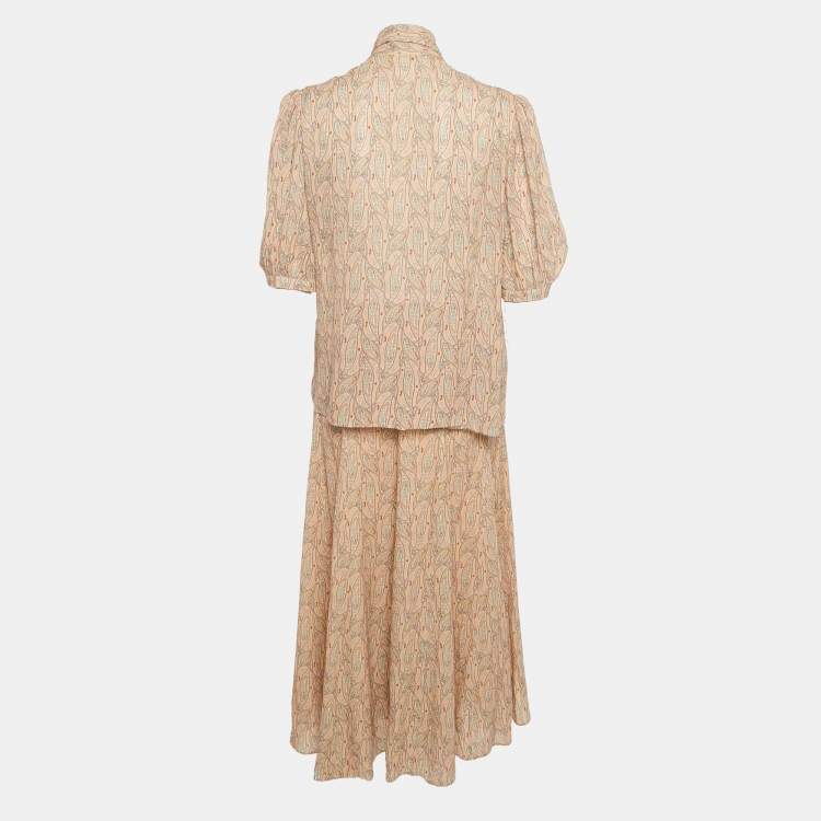 Pre Owned Celine Pink Paisley Print Crepe Skirt and Top Set M