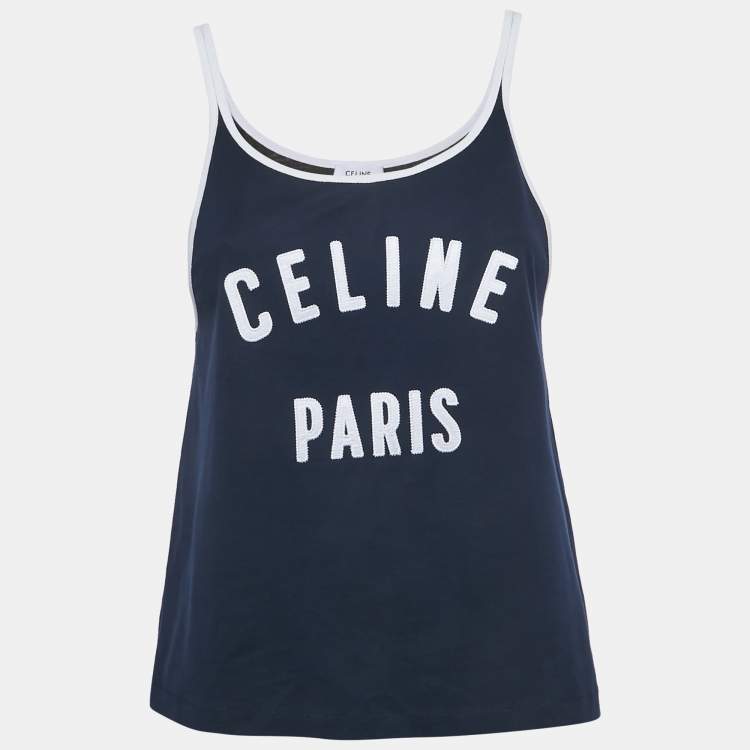 Pre Owned Celine Navy Blue Logo Embroidered Cotton Camisole S
