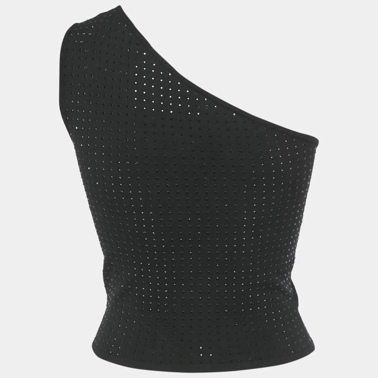 Pre Owned Celine Black Rhinestone Stretch Knit One Shoulder Top S