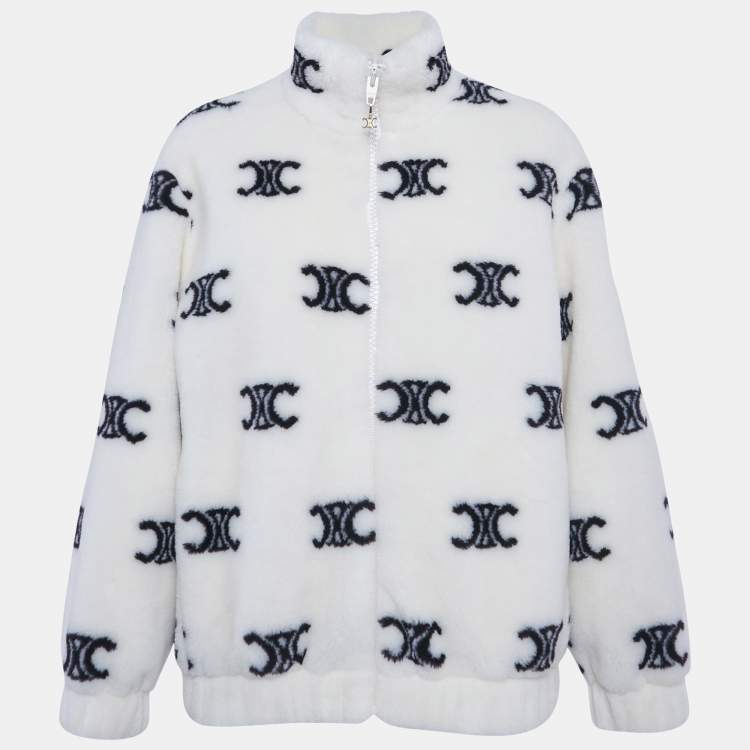 Pre Owned Celine White Triomphe Monogram Fleece Jacket XS