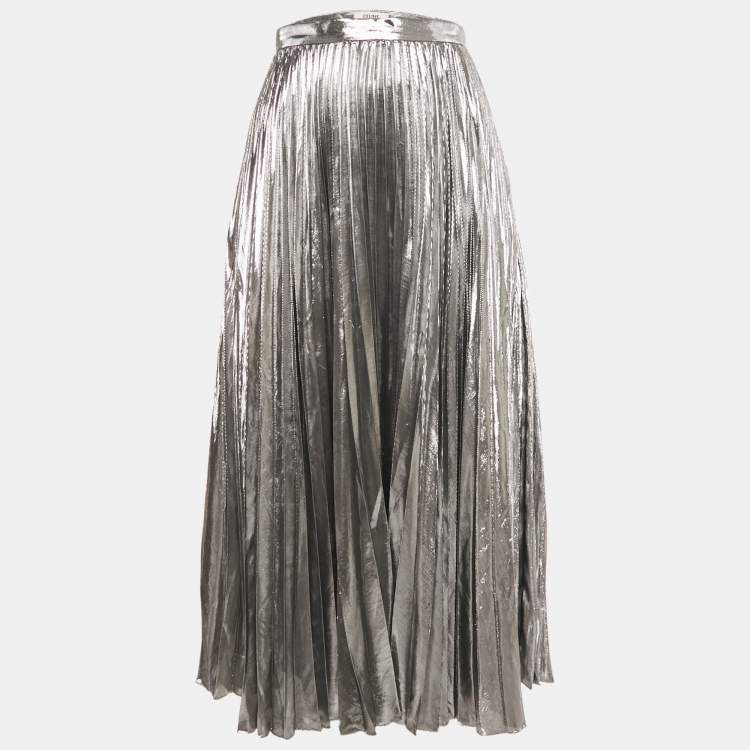 Pre Owned Celine Silver Lamé Plisse Midi Skirt M