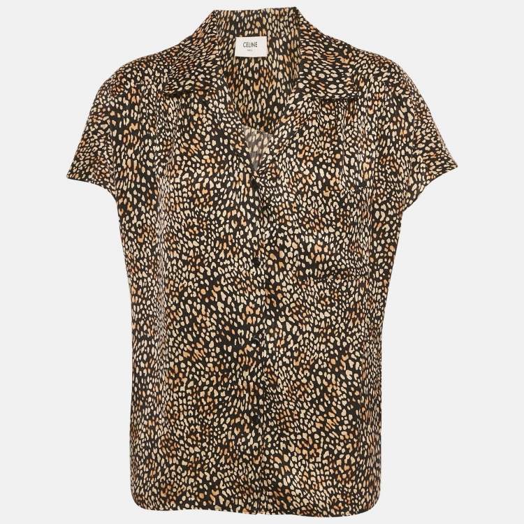 Pre Owned Celine Brown Leopard Print Silk Short Sleeve Shirt M