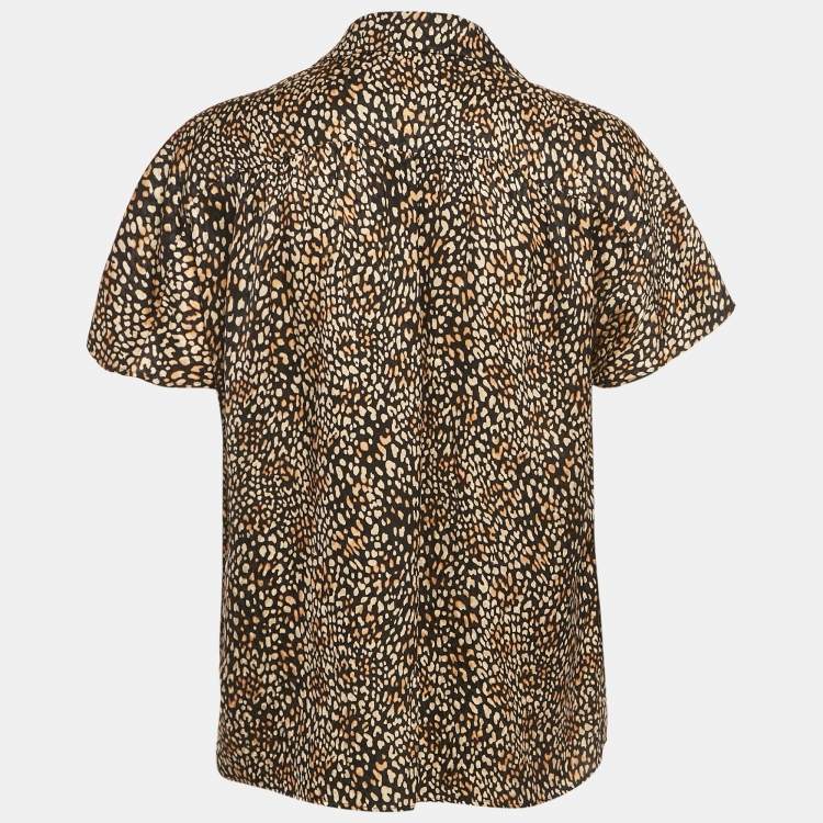 Pre Owned Celine Brown Leopard Print Silk Short Sleeve Shirt M