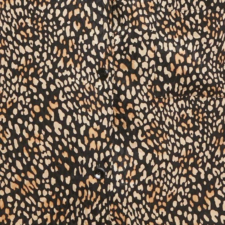 Pre Owned Celine Brown Leopard Print Silk Short Sleeve Shirt M