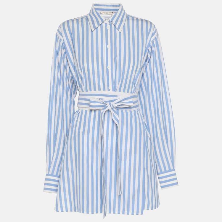 Pre Owned Celine White/Blue Stripe Cotton Waist Tie Long Shirt M