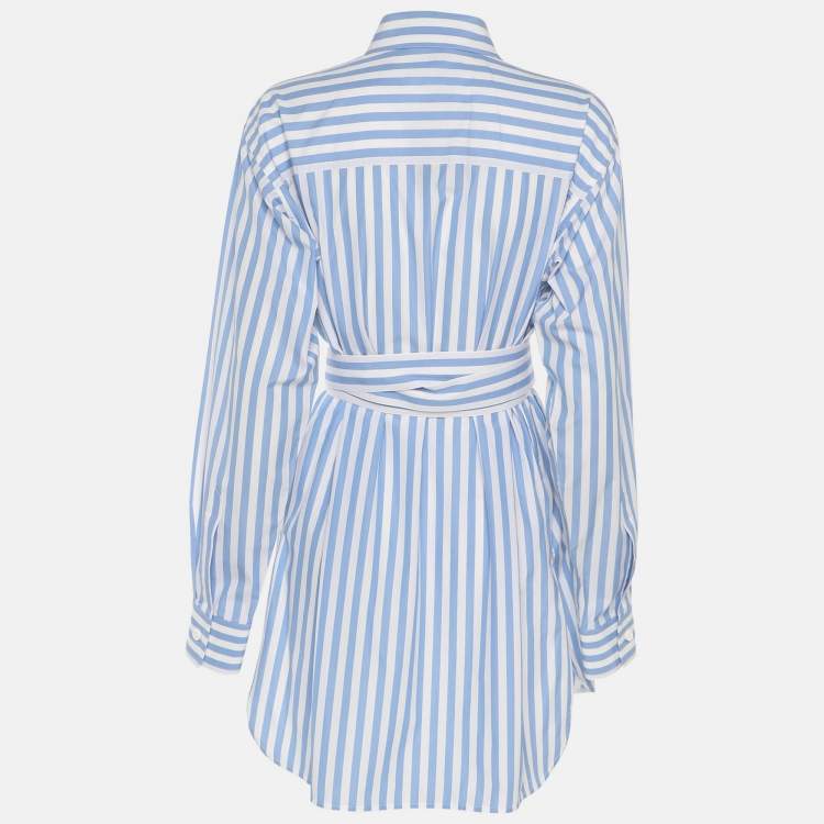Pre Owned Celine White/Blue Stripe Cotton Waist Tie Long Shirt M