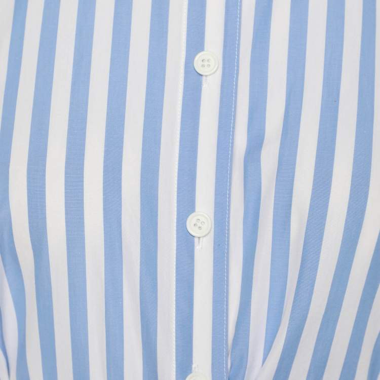 Pre Owned Celine White/Blue Stripe Cotton Waist Tie Long Shirt M