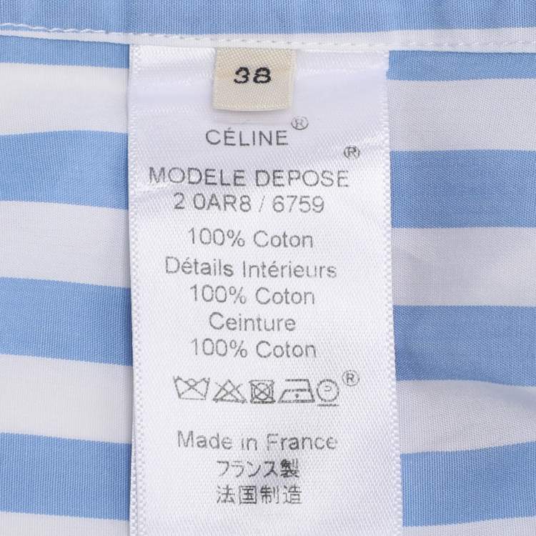 Pre Owned Celine White/Blue Stripe Cotton Waist Tie Long Shirt M