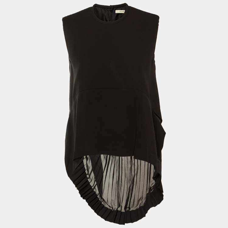 Pre Owned Celine Black Silk & Plisse Back Detail High Low Top M