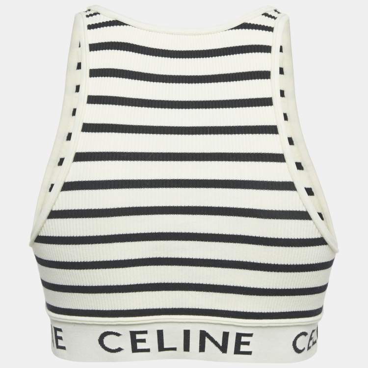 Pre Owned Celine White/Black Striped Rib Knit Tank Crop Top S