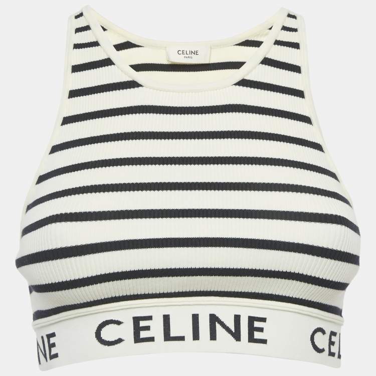 Pre Owned Celine White/Black Striped Rib Knit Tank Crop Top S