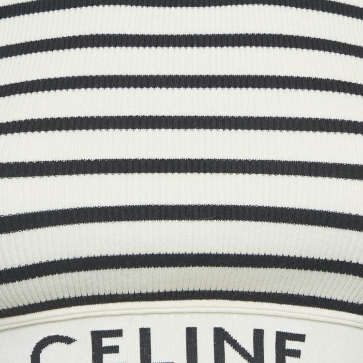 Pre Owned Celine White/Black Striped Rib Knit Tank Crop Top S