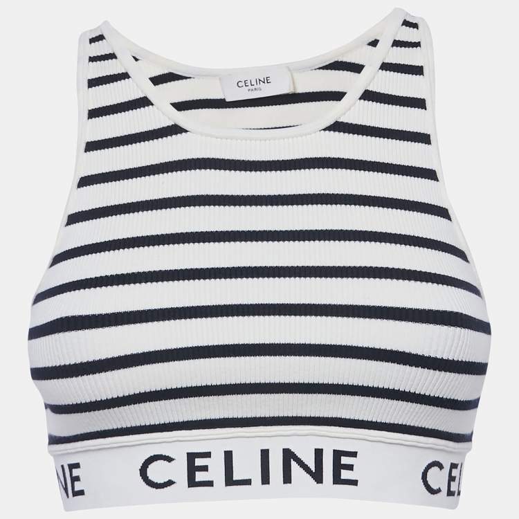 Pre Owned Celine White Striped Rib Knit Crop Tank Top S