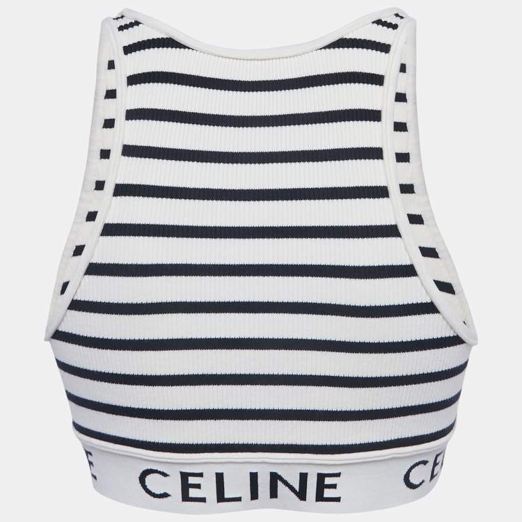 Pre Owned Celine White Striped Rib Knit Crop Tank Top S