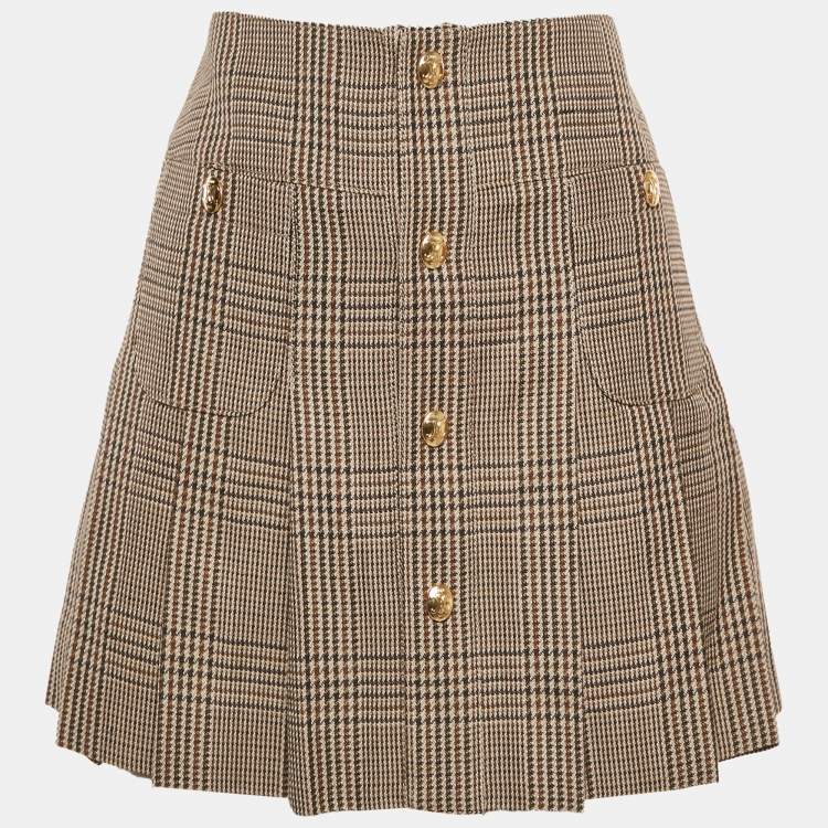 Pre Owned Celine Brown Checks Linen Pleated Bandeau Mini Skirt S