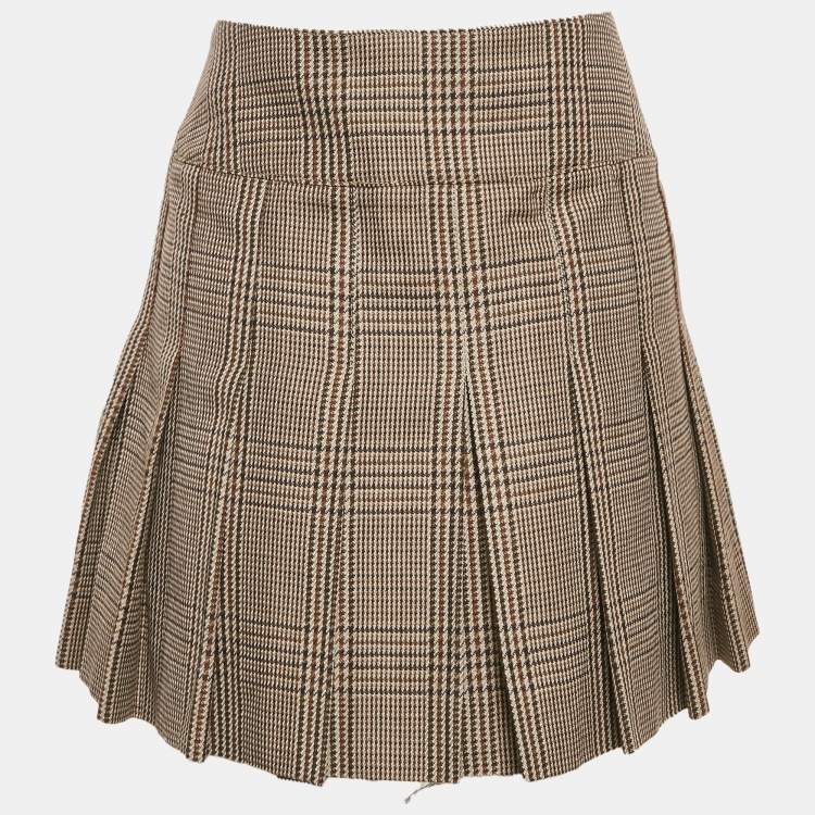 Pre Owned Celine Brown Checks Linen Pleated Bandeau Mini Skirt S