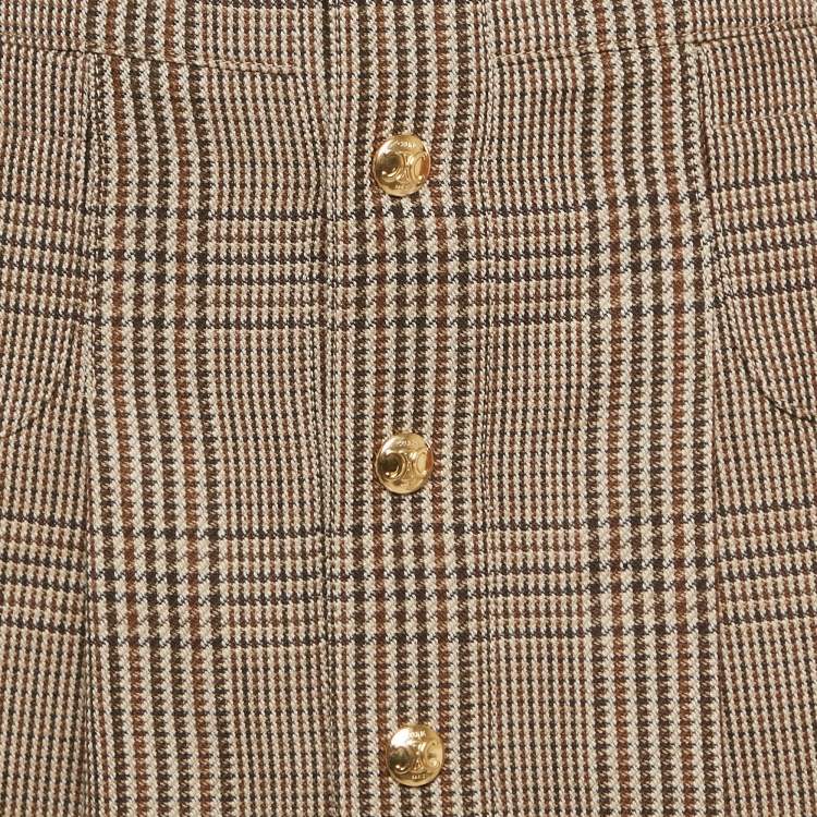 Pre Owned Celine Brown Checks Linen Pleated Bandeau Mini Skirt S