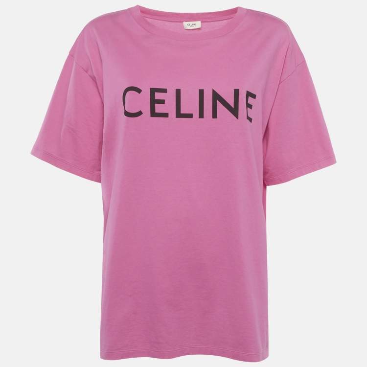 Pre Owned Celine Pink Logo Print Jersey T-Shirt L