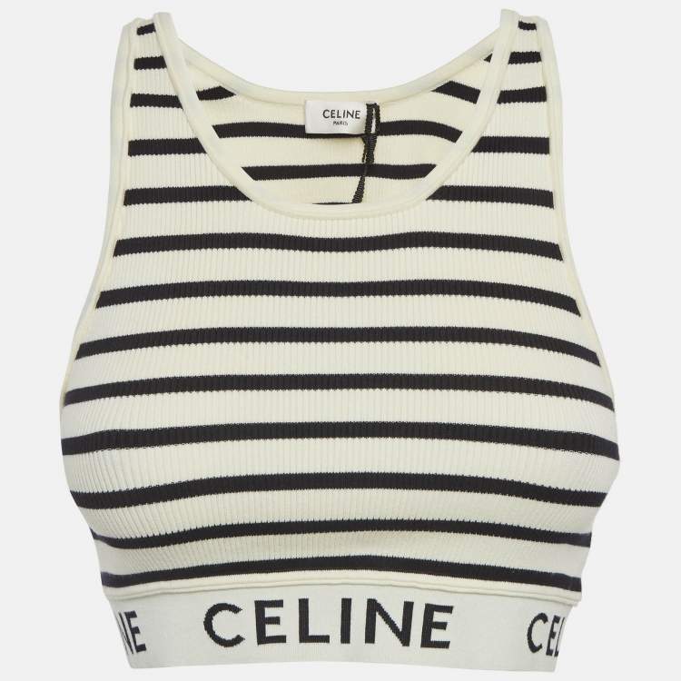 Pre Owned Celine White Striped Rib Knit Crop Tank Top M
