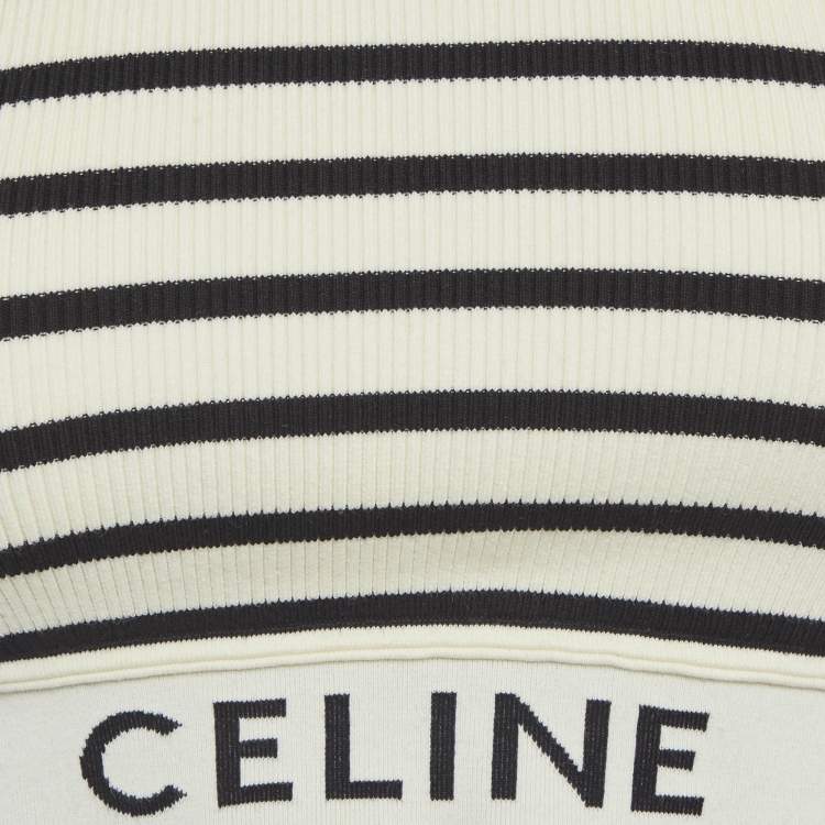 Pre Owned Celine White Striped Rib Knit Crop Tank Top M