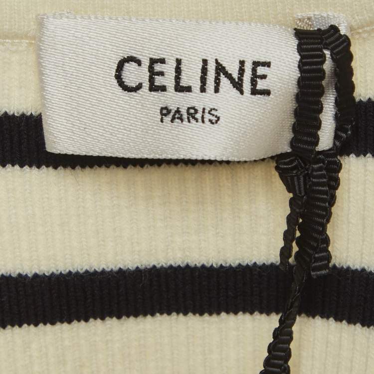 Pre Owned Celine White Striped Rib Knit Crop Tank Top M